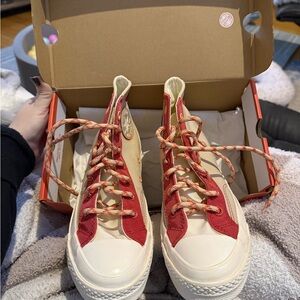 Pink Neon Orange and Cream High-Top Converse Sneakers